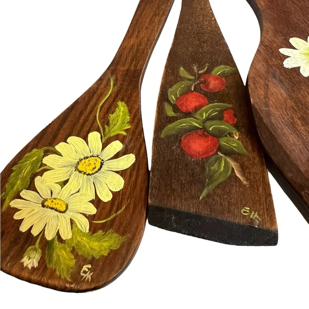 Vintage Wood Kitchen Utensils Handpainted Cottagecore Decor Folk Art 70s